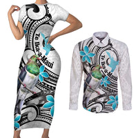 Aotearoa Te Ika-a-Maui Couples Matching Short Sleeve Bodycon Dress and Long Sleeve Button Shirt South Island Kekeru Maori Koru LT14 White - Polynesian Pride