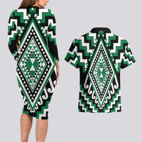 Green Aotearoa Taniko Poutama Patikitiki Couples Matching Long Sleeve Bodycon Dress and Hawaiian Shirt LT14 - Polynesian Pride