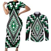 Green Aotearoa Taniko Poutama Patikitiki Couples Matching Short Sleeve Bodycon Dress and Long Sleeve Button Shirt LT14 Green - Polynesian Pride