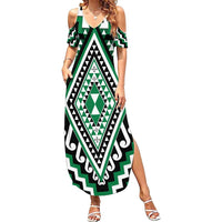 Green Aotearoa Taniko Poutama Patikitiki Family Matching Summer Maxi Dress and Hawaiian Shirt LT14 Mom's Dress Green - Polynesian Pride