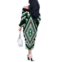 Green Aotearoa Taniko Poutama Patikitiki Off The Shoulder Long Sleeve Dress