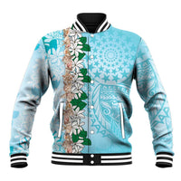Cook Islands Tiare Maori With Conch Shell Baseball Jacket Pasifika Fest Polynesian Tattoo Turquoise