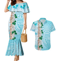 Cook Islands Tiare Maori With Conch Shell Couples Matching Mermaid Dress and Hawaiian Shirt Pasifika Fest Polynesian Tattoo Turquoise LT14 Turquoise - Polynesian Pride
