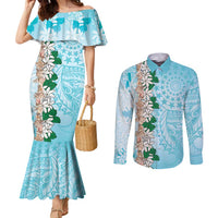 Cook Islands Tiare Maori With Conch Shell Couples Matching Mermaid Dress and Long Sleeve Button Shirt Pasifika Fest Polynesian Tattoo Turquoise LT14 Turquoise - Polynesian Pride