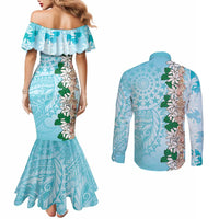 Cook Islands Tiare Maori With Conch Shell Couples Matching Mermaid Dress and Long Sleeve Button Shirt Pasifika Fest Polynesian Tattoo Turquoise LT14 - Polynesian Pride