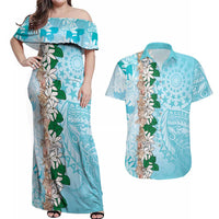 Cook Islands Tiare Maori With Conch Shell Couples Matching Off Shoulder Maxi Dress and Hawaiian Shirt Pasifika Fest Polynesian Tattoo Turquoise LT14 Turquoise - Polynesian Pride