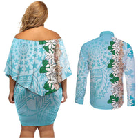 Cook Islands Tiare Maori With Conch Shell Couples Matching Off Shoulder Short Dress and Long Sleeve Button Shirt Pasifika Fest Polynesian Tattoo Turquoise LT14 - Polynesian Pride