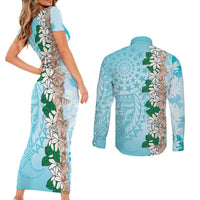 Cook Islands Tiare Maori With Conch Shell Couples Matching Short Sleeve Bodycon Dress and Long Sleeve Button Shirt Pasifika Fest Polynesian Tattoo Turquoise LT14 - Polynesian Pride