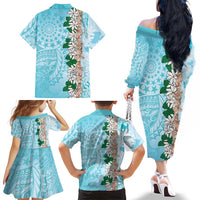 Cook Islands Tiare Maori With Conch Shell Family Matching Off The Shoulder Long Sleeve Dress and Hawaiian Shirt Pasifika Fest Polynesian Tattoo Turquoise LT14 - Polynesian Pride