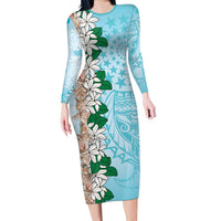 Cook Islands Tiare Maori With Conch Shell Long Sleeve Bodycon Dress Pasifika Fest Polynesian Tattoo Turquoise LT14 Long Dress Turquoise - Polynesian Pride