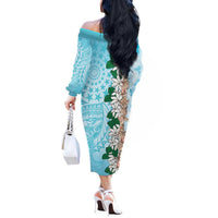 Cook Islands Tiare Maori With Conch Shell Off The Shoulder Long Sleeve Dress Pasifika Fest Polynesian Tattoo Turquoise LT14 - Polynesian Pride