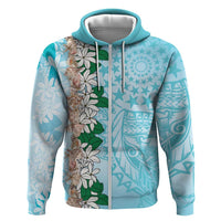 Cook Islands Tiare Maori With Conch Shell Zip Hoodie Pasifika Fest Polynesian Tattoo Turquoise