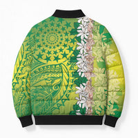 Cook Islands Tiare Maori With Conch Shell Bomber Puffer Jacket Pasifika Fest Polynesian Tattoo Green