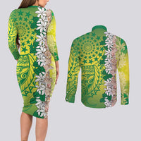 Cook Islands Tiare Maori With Conch Shell Couples Matching Long Sleeve Bodycon Dress and Long Sleeve Button Shirt Pasifika Fest Polynesian Tattoo Green LT14 - Polynesian Pride