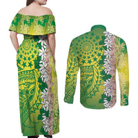 Cook Islands Tiare Maori With Conch Shell Couples Matching Off Shoulder Maxi Dress and Long Sleeve Button Shirt Pasifika Fest Polynesian Tattoo Green LT14 - Polynesian Pride
