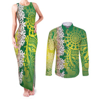 Cook Islands Tiare Maori With Conch Shell Couples Matching Tank Maxi Dress and Long Sleeve Button Shirt Pasifika Fest Polynesian Tattoo Green LT14 Green - Polynesian Pride