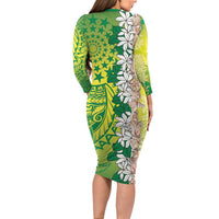 Cook Islands Tiare Maori With Conch Shell Long Sleeve Bodycon Dress Pasifika Fest Polynesian Tattoo Green LT14 - Polynesian Pride