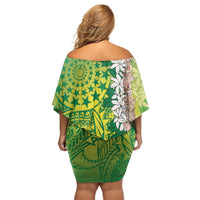 Cook Islands Tiare Maori With Conch Shell Off Shoulder Short Dress Pasifika Fest Polynesian Tattoo Green