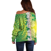 Cook Islands Tiare Maori With Conch Shell Off Shoulder Sweater Pasifika Fest Polynesian Tattoo Green