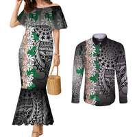 Cook Islands Tiare Maori With Conch Shell Couples Matching Mermaid Dress and Long Sleeve Button Shirt Pasifika Fest Polynesian Tattoo Black LT14 Black - Polynesian Pride