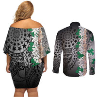 Cook Islands Tiare Maori With Conch Shell Couples Matching Off Shoulder Short Dress and Long Sleeve Button Shirt Pasifika Fest Polynesian Tattoo Black LT14 - Polynesian Pride