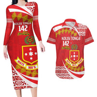 Personalised Kolisi Tonga College Atele Couples Matching Long Sleeve Bodycon Dress and Hawaiian Shirt Mate Maa Tonga 142 Years Anniversary LT14 Red - Polynesian Pride
