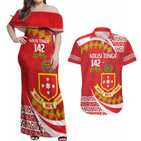 Personalised Kolisi Tonga College Atele Couples Matching Off Shoulder Maxi Dress and Hawaiian Shirt Mate Maa Tonga 142 Years Anniversary LT14 Red - Polynesian Pride