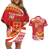 Personalised Kolisi Tonga College Atele Couples Matching Off Shoulder Short Dress and Hawaiian Shirt Mate Maa Tonga 142 Years Anniversary LT14 Red - Polynesian Pride