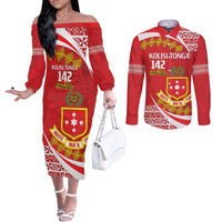 Personalised Kolisi Tonga College Atele Couples Matching Off The Shoulder Long Sleeve Dress and Long Sleeve Button Shirt Mate Maa Tonga 142 Years Anniversary LT14 Red - Polynesian Pride