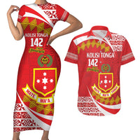 Personalised Kolisi Tonga College Atele Couples Matching Short Sleeve Bodycon Dress and Hawaiian Shirt Mate Maa Tonga 142 Years Anniversary LT14 Red - Polynesian Pride