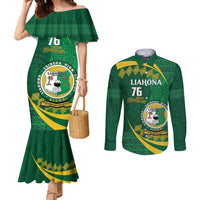 Personalised Tonga Liahona-Saineha High School Couples Matching Mermaid Dress and Long Sleeve Button Shirt Happy 76 Years Anniversary LT14 Green - Polynesian Pride