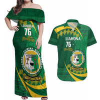 Personalised Tonga Liahona-Saineha High School Couples Matching Off Shoulder Maxi Dress and Hawaiian Shirt Happy 76 Years Anniversary LT14 Green - Polynesian Pride