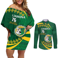 Personalised Tonga Liahona-Saineha High School Couples Matching Off Shoulder Short Dress and Long Sleeve Button Shirt Happy 76 Years Anniversary LT14 Green - Polynesian Pride
