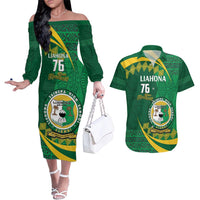 Personalised Tonga Liahona-Saineha High School Couples Matching Off The Shoulder Long Sleeve Dress and Hawaiian Shirt Happy 76 Years Anniversary LT14 Green - Polynesian Pride
