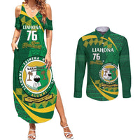 Personalised Tonga Liahona-Saineha High School Couples Matching Summer Maxi Dress and Long Sleeve Button Shirt Happy 76 Years Anniversary LT14 Green - Polynesian Pride
