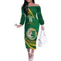 Personalised Tonga Liahona-Saineha High School Family Matching Off The Shoulder Long Sleeve Dress and Hawaiian Shirt Happy 76 Years Anniversary LT14 Mom's Dress Green - Polynesian Pride