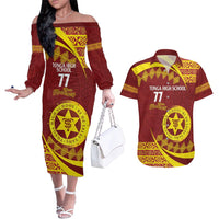 Personalised Tonga High School Couples Matching Off The Shoulder Long Sleeve Dress and Hawaiian Shirt Happy 77 Years Anniversary LT14 Maroon - Polynesian Pride