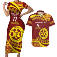 Personalised Tonga High School Couples Matching Short Sleeve Bodycon Dress and Hawaiian Shirt Happy 77 Years Anniversary LT14 Maroon - Polynesian Pride