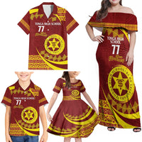 Personalised Tonga High School Family Matching Off Shoulder Maxi Dress and Hawaiian Shirt Happy 77 Years Anniversary LT14 - Polynesian Pride