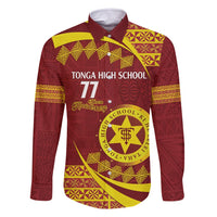 Personalised Tonga High School Family Matching Off Shoulder Short Dress and Hawaiian Shirt Happy 77 Years Anniversary LT14 Dad's Shirt - Long Sleeve Maroon - Polynesian Pride