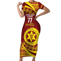 Personalised Tonga High School Family Matching Short Sleeve Bodycon Dress and Hawaiian Shirt Happy 77 Years Anniversary LT14 Mom's Dress Maroon - Polynesian Pride