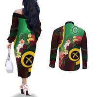 Long God Yumi Stanap Vanuatu Couples Matching Off The Shoulder Long Sleeve Dress and Long Sleeve Button Shirt Tropical Flowers Aboriginal Pattern LT14 - Polynesian Pride