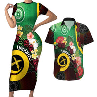 Long God Yumi Stanap Vanuatu Couples Matching Short Sleeve Bodycon Dress and Hawaiian Shirt Tropical Flowers Aboriginal Pattern LT14 Green - Polynesian Pride