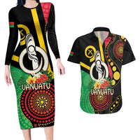 Tamtam Drum Vanuatu Couples Matching Long Sleeve Bodycon Dress and Hawaiian Shirt Boar Tusk Aboriginal Flag Style LT14 Black - Polynesian Pride