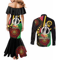 Tamtam Drum Vanuatu Couples Matching Mermaid Dress and Long Sleeve Button Shirt Boar Tusk Aboriginal Flag Style LT14 - Polynesian Pride