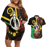 Tamtam Drum Vanuatu Couples Matching Off Shoulder Short Dress and Hawaiian Shirt Boar Tusk Aboriginal Flag Style LT14 Black - Polynesian Pride