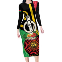 Tamtam Drum Vanuatu Family Matching Long Sleeve Bodycon Dress and Hawaiian Shirt Boar Tusk Aboriginal Flag Style LT14 Mom's Dress Black - Polynesian Pride