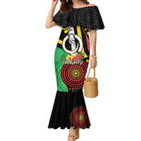Tamtam Drum Vanuatu Family Matching Mermaid Dress and Hawaiian Shirt Boar Tusk Aboriginal Flag Style LT14 Mom's Dress Black - Polynesian Pride