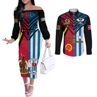 Vanuatu And West Papua Couples Matching Off The Shoulder Long Sleeve Dress and Long Sleeve Button Shirts Coat Of Arms Mix Flag Style LT14 Black - Polynesian Pride