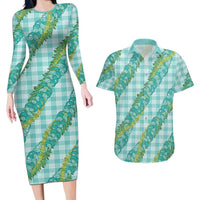 Hawaii Jade Vine Lei Couples Matching Long Sleeve Bodycon Dress and Hawaiian Shirt Aloha Palaka Motif - Turquoise LT14 Turquoise - Polynesian Pride